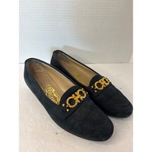 Salvatore Ferragamo size 5.5 Womens Black Suede Gancini Loafers Italy-see pics